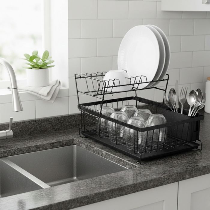 Двуетажен метален сушилник за съдове и отделение за прибори