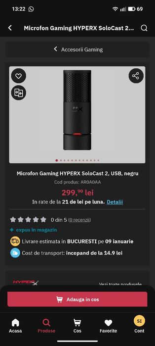 Microfon Gaming HYPERX SoloCast 2, USB, negru