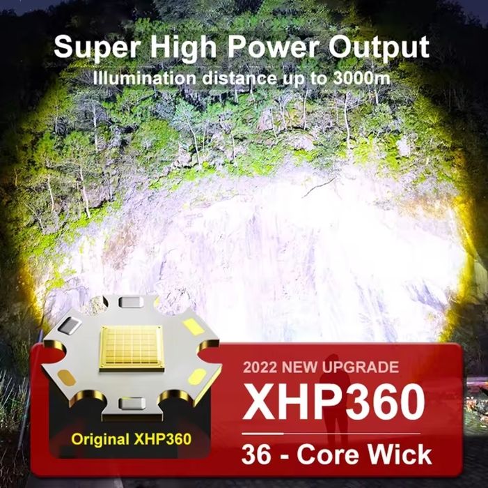 Lanternă led XHP 360, cu 2 acumulatori  26650. Încărcare USB C.  IPX6.