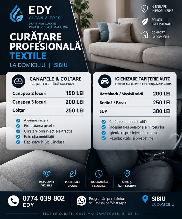Curățare Canapele Sibiu | La Domiciliu | Prețuri Clare