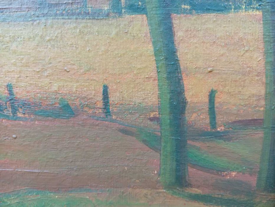 Tablou vechi - apus peste sat - semnat Baba