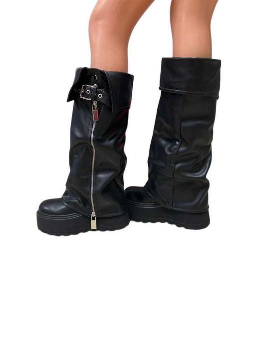 Дамски ботуши на висока платформа в черно-ПРОМОЦИЯ