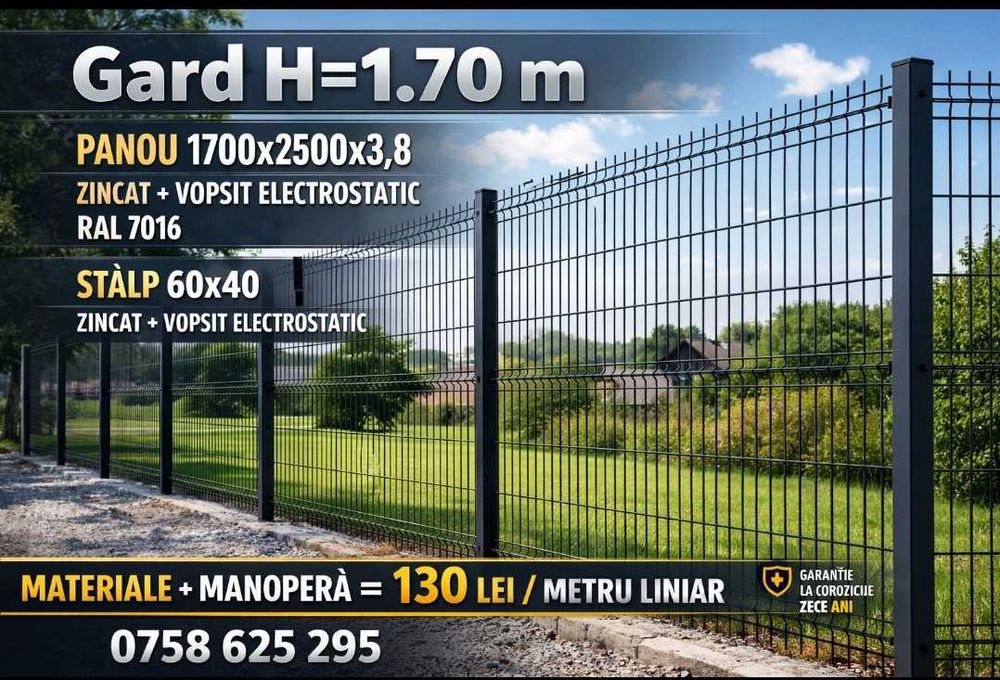 Constructie gard / Gard din plasa zincata   H2m  montaj gard  120 lei