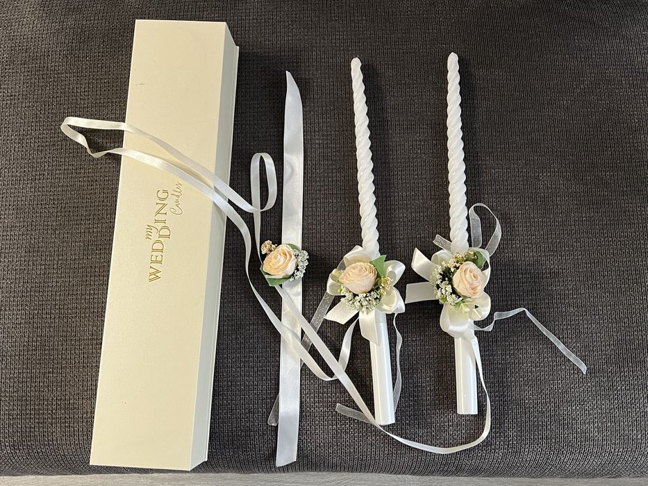 Комплект свещи за сватба, със украса и за бутилка