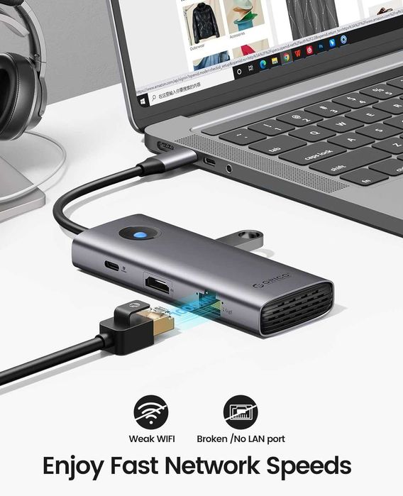 USB Hub Док станция Orico 8в1 Type-C CReader PD 100W 4K-60Hz Ethernet