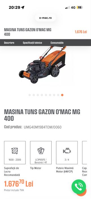 Masina de tuns iarba, pe benzina, O'MAC MG 400