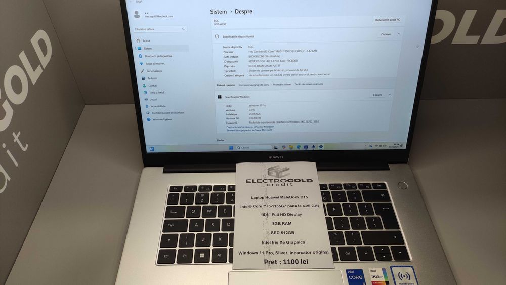 Laptop Huawei D15/I5-11Gen/8GB RAM/SSD 512GB/15.6 FHD/Iris Xe/Win.11