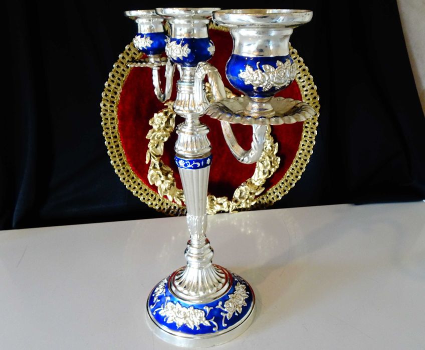 Посребрен троен свещник,рози,кобалт,рококо.