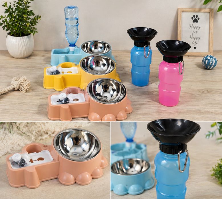 Bol de hrana si apa + sticla cu bol pentru plimbari