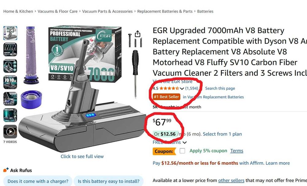 Батерия за Dyson V7, V8, V10, V11 - 6000mAh - високо качество Yaber