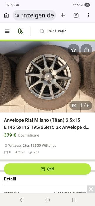 Vînt roți complete W ,jante aliaj Rial Milanocu amvelope de vara 195/6