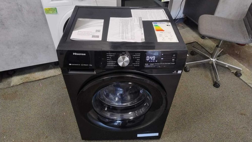 Чисто нова Черна Инверторна Пералня машина Hisense 8 кг 1400 об/мин PowerDrive Motor Steam Black
