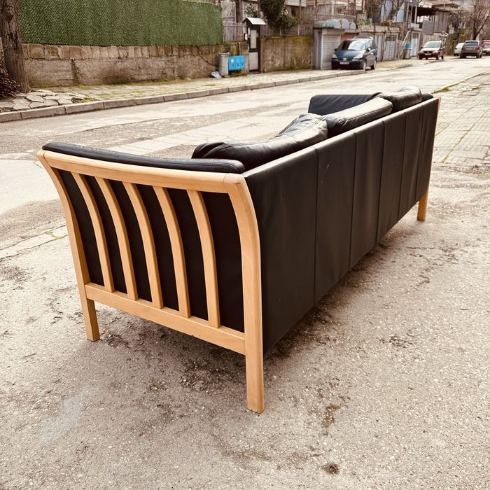 Датски 3-местен диван – естествена кожа, масив, скандинавски стил