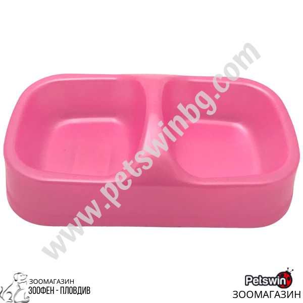 Двойна пластмасова купа - за Куче/Коте - 24см/13.5см - Розова