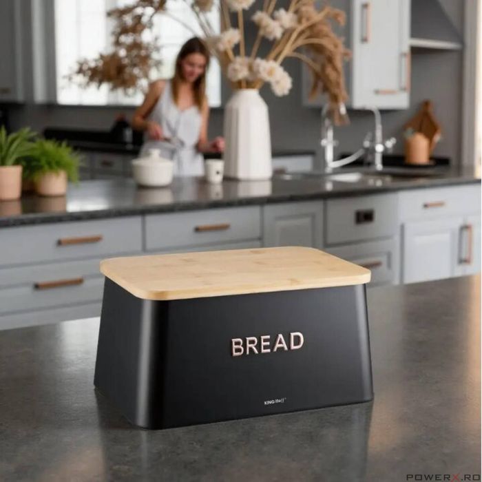 Cutie neagra pentru paine, metalica, cu capac din bambus,