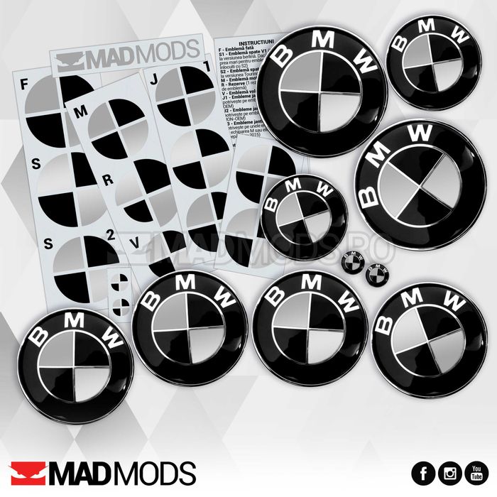 Set Stickere Embleme Negru cu Gri BMW Seria 1 2 3 4 5 6 7 8 X i M