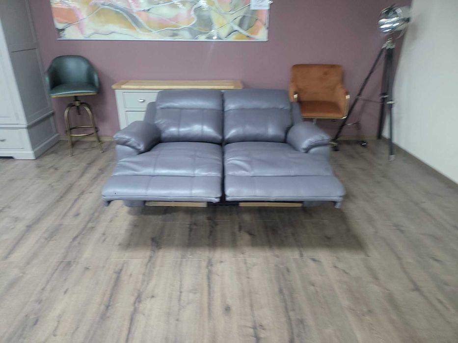 Сиво-лилав кожен диван двойка с ръчен релаксиращ механизъм