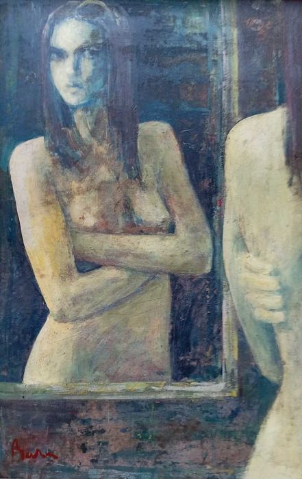 Tablou vechi - nud in oglinda - semnat Baba