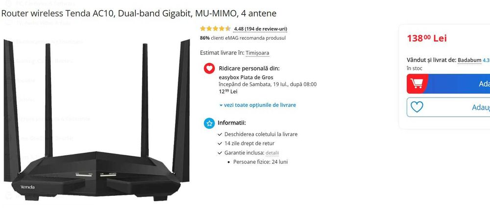 Router wireless Tenda AC10U, AC1200, Dual-band Gigabit