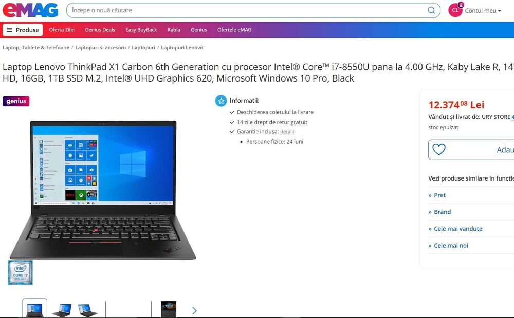Laptop Lenovo X1 CARBON  i7-7500U 16gb 1TB  garantie 1 AN
