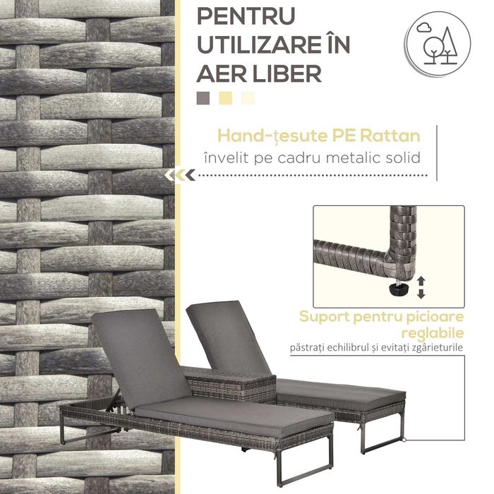Set 2 Sezlonguri Cu Spatar Reglabil si  Masuta din Ratan , Gri , HOMCOM