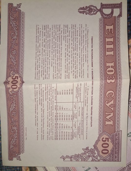 Облигации 1992 номиналом 500 сум