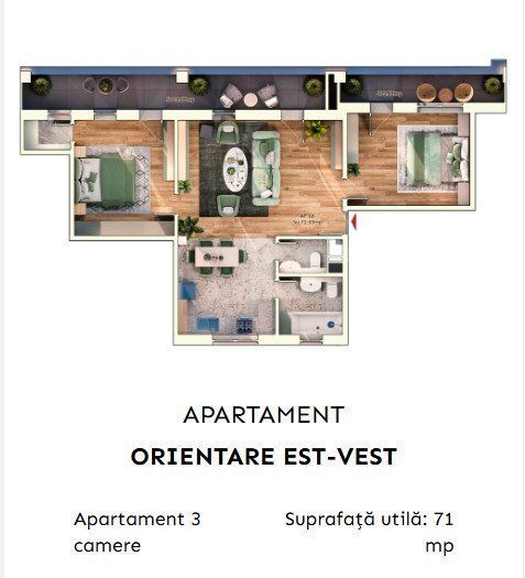 Apartament 3 camere, 70 mp, balcon, parcare subterana — fotografia 1