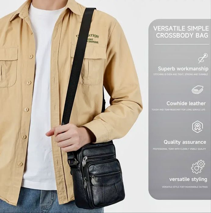 Мъжка универсална кожена чанта/Практична и удобна с черна естест. кожа