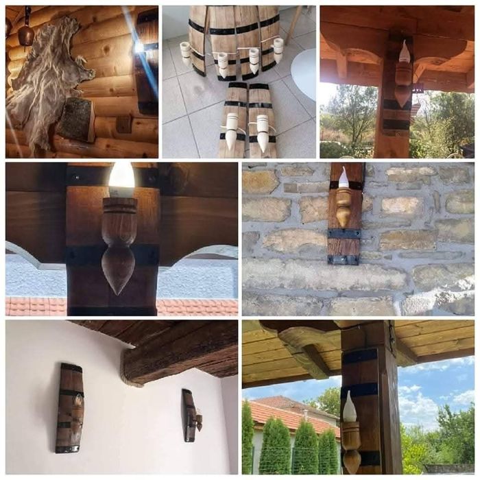 Стенни лампи аплици от автентични реставрирани бъчви с дървени чашки