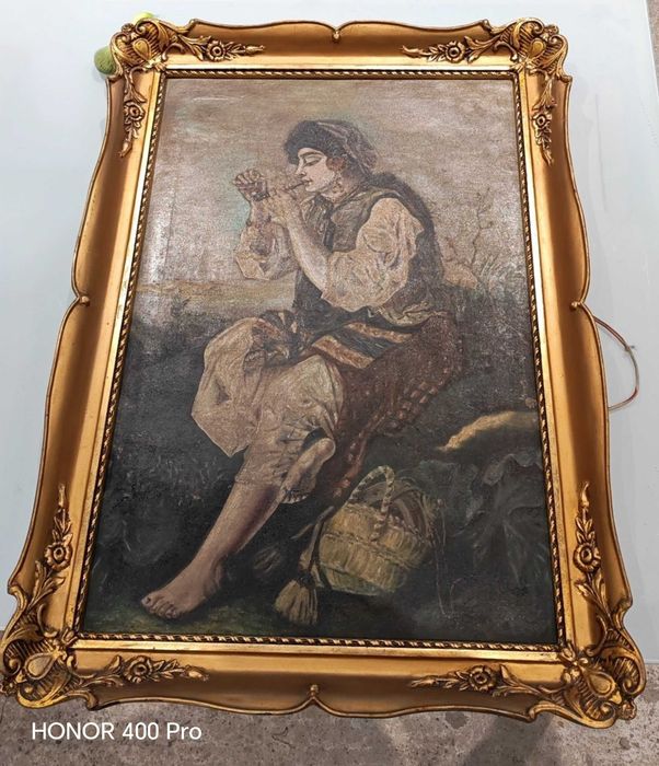 Pictura veche "Tiganca aprinzadu-si pipa" rama blondel, impecabila