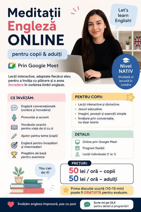 English tutoring online – copii și adulți | lecții interactive Google Meet