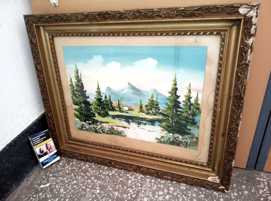 Стара МАСЛЕНА КАРТИНА Море и Планински Пейзаж ТЕМПЕРА - 70те Години БГ