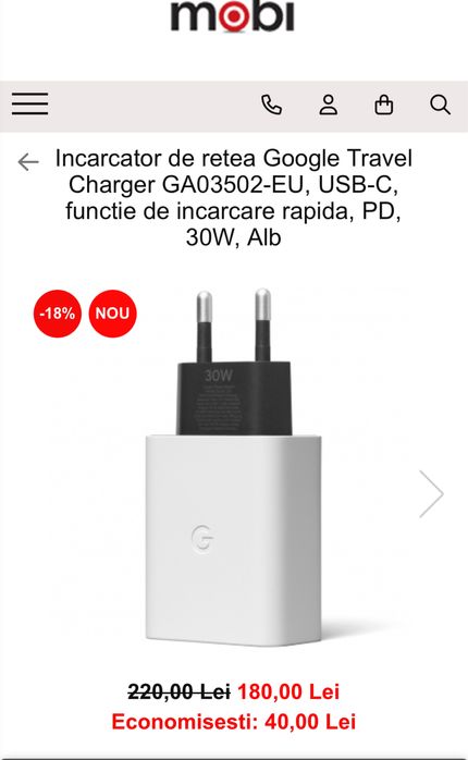 Incarcator Retea Google, 30W, USB Tip-C (Alb),Noi,Sigilate