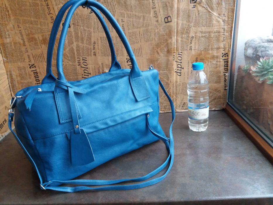 дамска чанта,кожена торба-синя естествена кожа