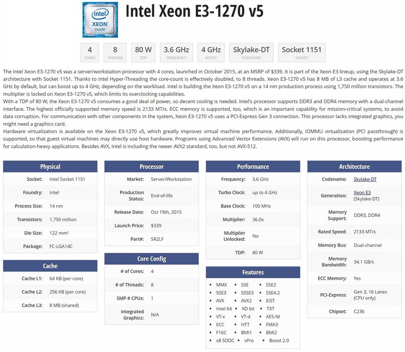 Процесор CPU Intel Xeon E3-1270 v5 1151 аналог на i7 6700