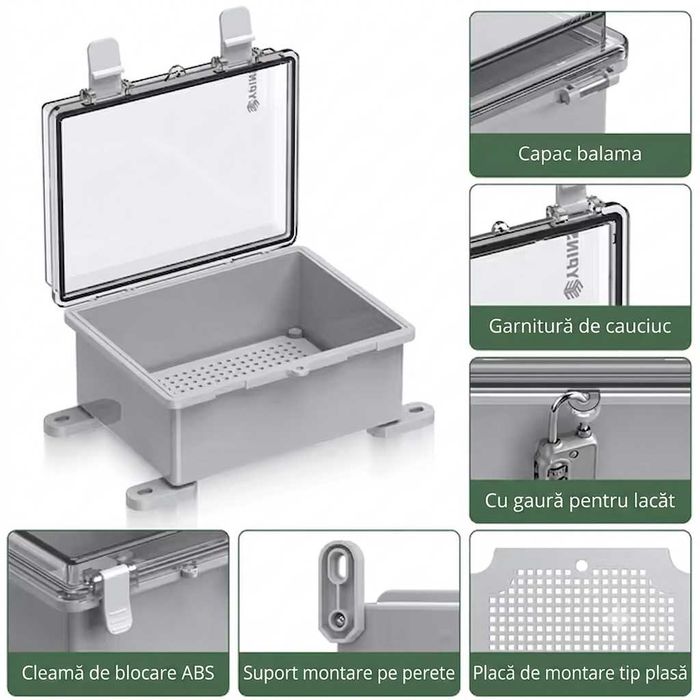 Cutie de distributie 22x17x11cm, IP65, tablou electric, plastic ABS, capac transparent, Rezistenta la Apa, Praf si UV, Gri Deschis