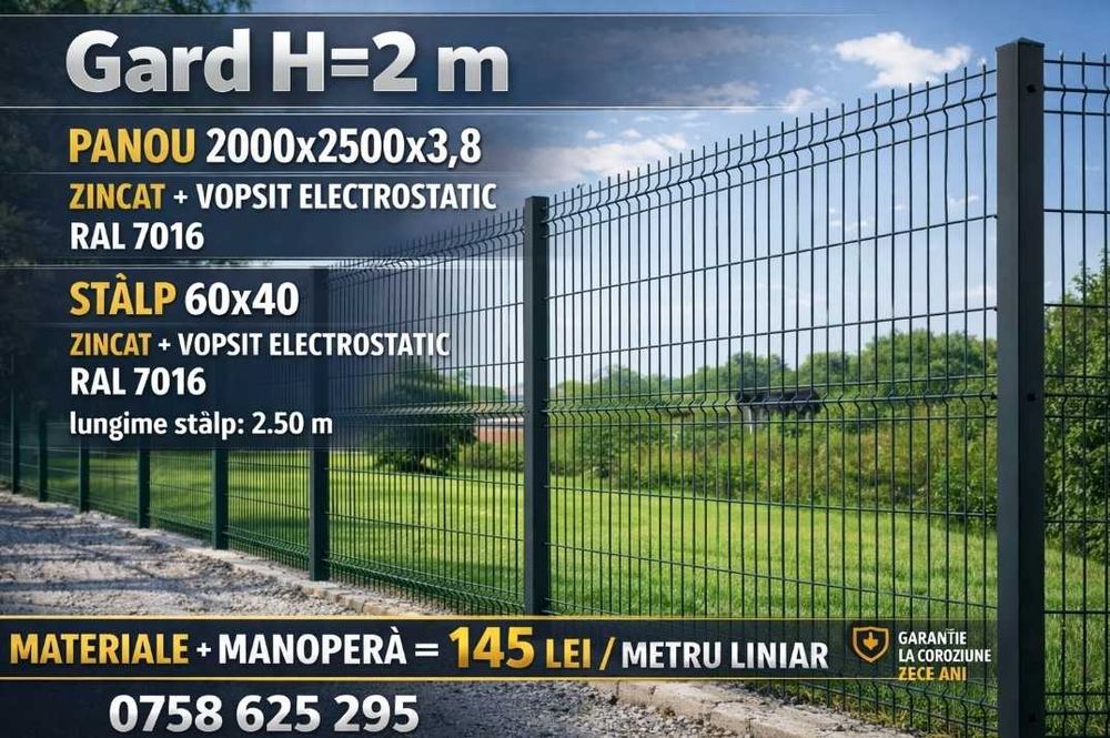 Constructie gard / Gard din plasa zincata   H2m  montaj gard  120 lei