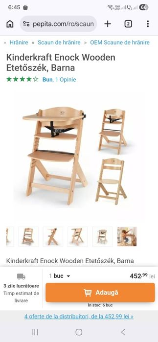 Scaun de masă Kinderkraft Enock 3 în 1, lemn natur, stare bună