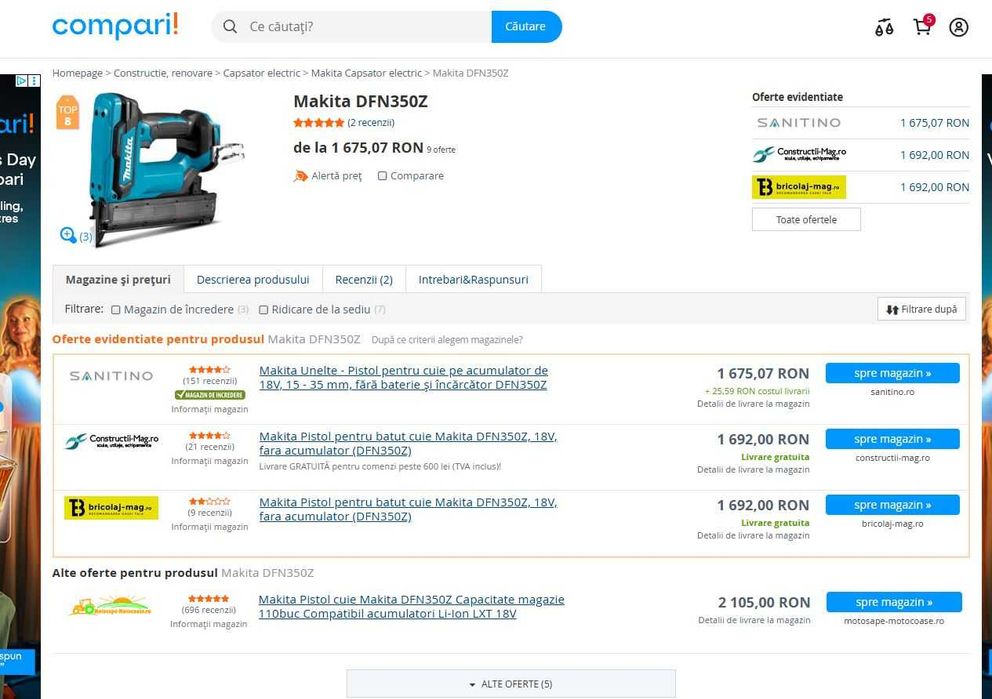 Pistol pentru cuie Makita DFN350Z pe acumulator de 18V