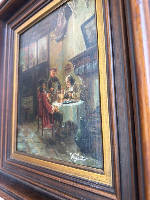 .Tablou,pictura in ulei pe lemn,oameni in carciuma,semnat