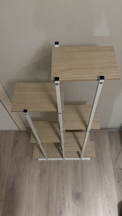 Поставка за цветя, метална, бяла, с 6 дървени рафта, 113 x 60 x 20 cm