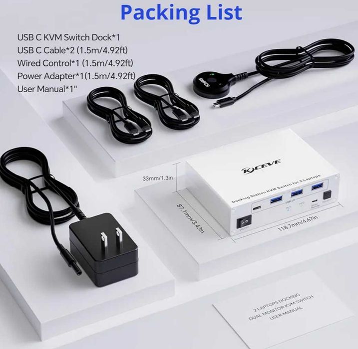 KCEVE 15-в-1 KVM превключвател USB C докинг станция,USB 3.0 KVM превключвател 2 монитора 2 лаптопа