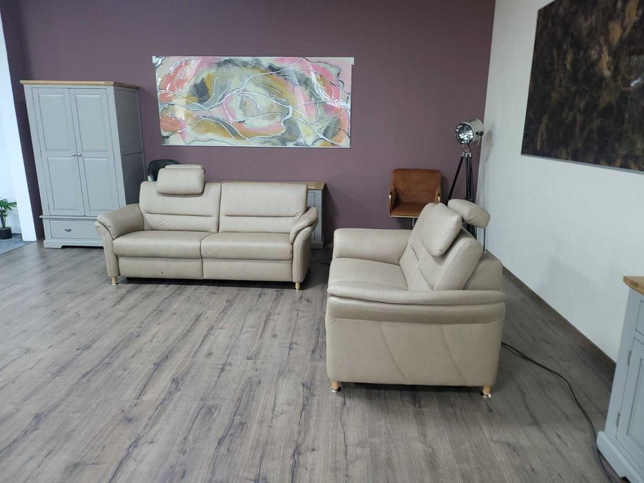 Комплект кожени дивани тройка и двойка цвят камел с ел. релакс