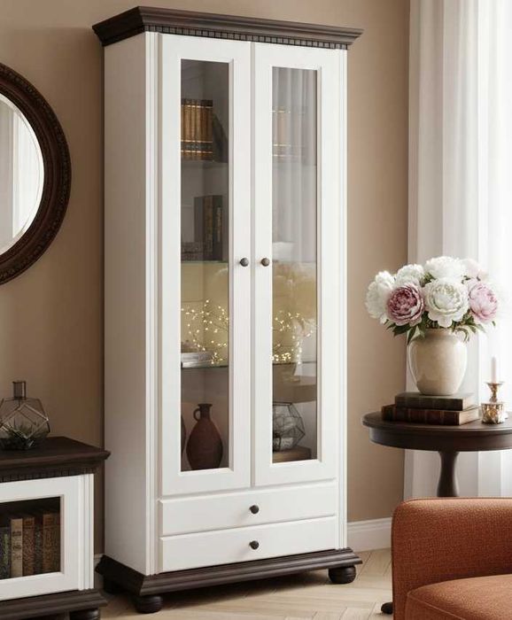 Vitrina din lemn masiv Romantica cu 2 usi cu sticla si 2 sertare