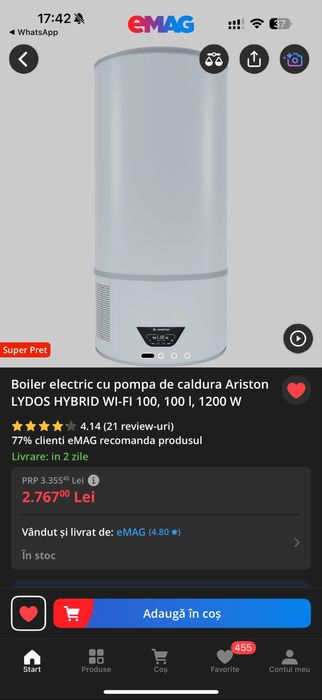 Boiler electric cu pompa căldura garantie Ariston Hybr wifi 100L 1200w