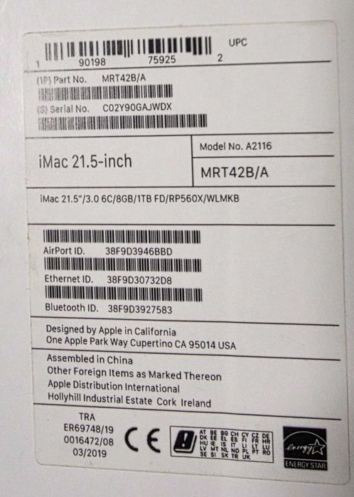 iMac 21.5 inch Retina 4K Display i5 8GB mem 1TB Fusion Drive an 2019