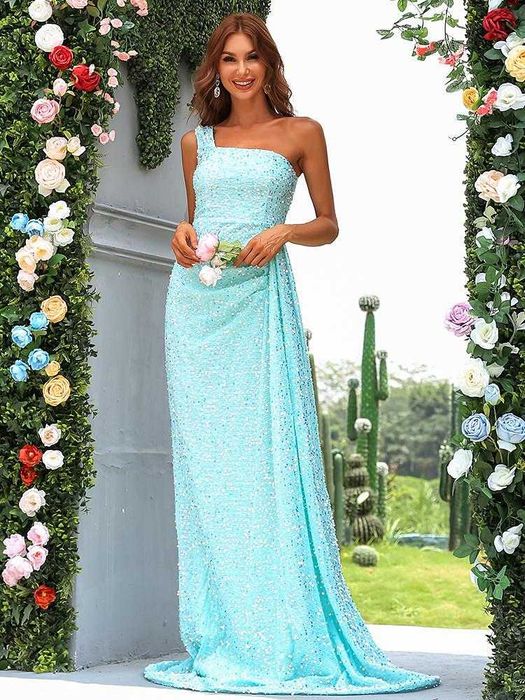 Официална дълга пайетена рокля с А-линия в небесносин цвят - М размер