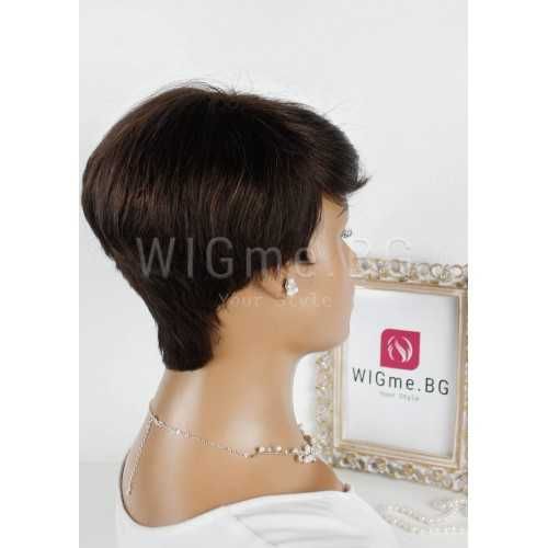 Къса тъмнокестенява перука от естествен косъм с бретон Регина