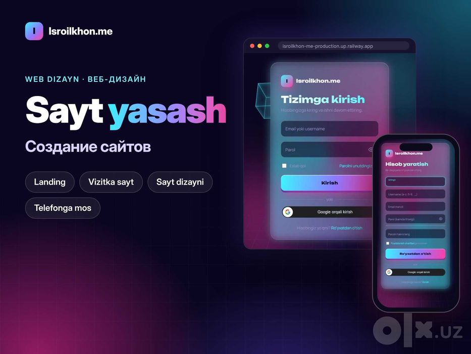 Sayt yasash va sayt dizayni: landing, vizitka sayt, internet-do'kon