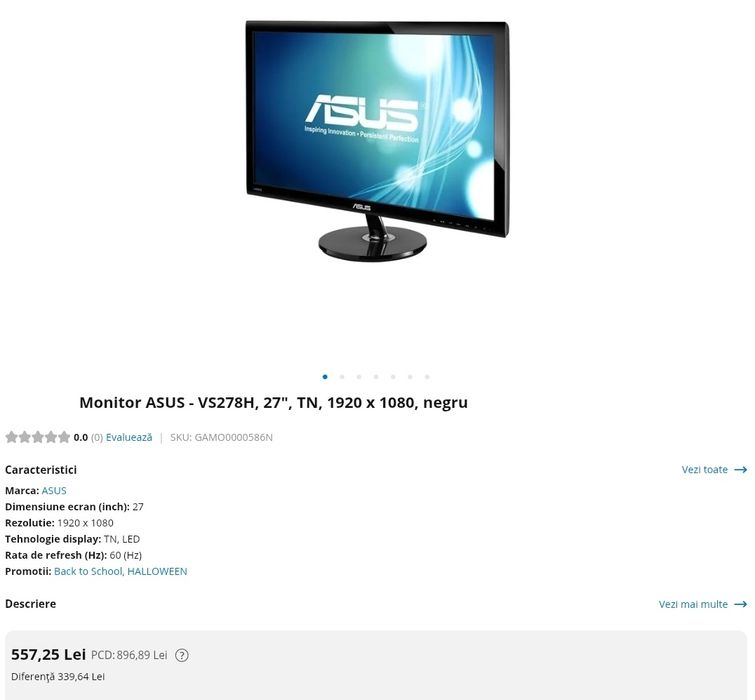 Monitor LED ASUS 27", Wide, Full HD, VGA, HDMI, Boxe, Negru, VS278H
